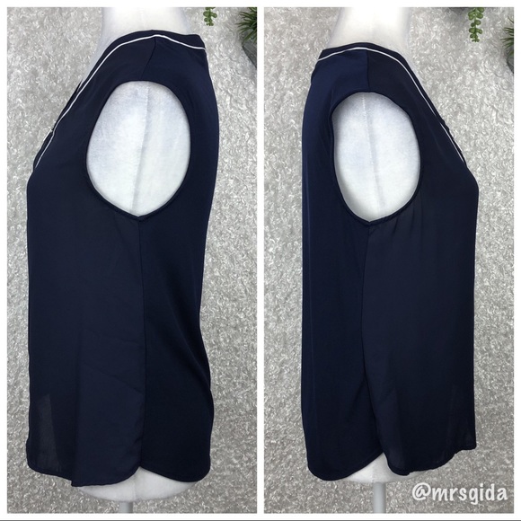 NY & Company Navy Zip V Neck Cap Sleeve Top Size XS - Picture 3 of 6